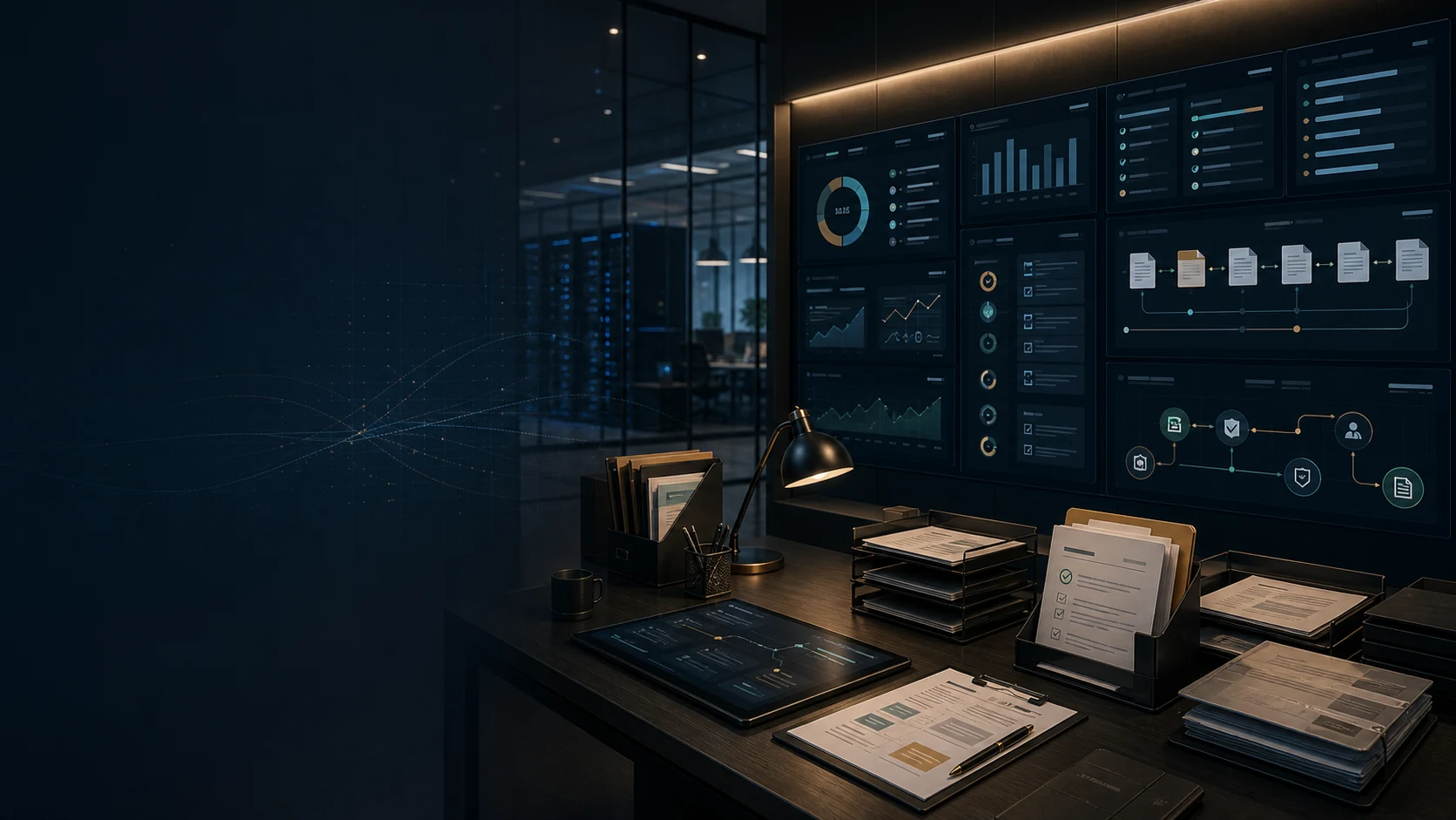 An enterprise operations desk with abstract dashboards, document flows, task panels, and organized administration files